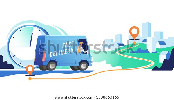 Delivery truck\
with man is carrying parcels on points. Concept online map,\
tracking, service. Vector\
illustration.