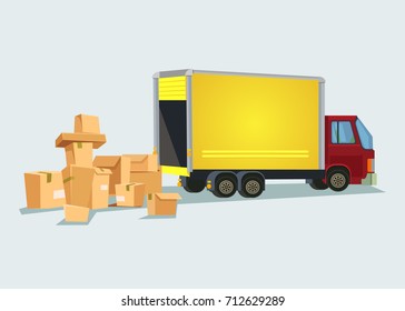 Delivery truck with many box. Vector flat cartoon illustration