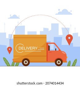 Delivery truck and map location markers on city background. Cargo transport services, logistics and freight of goods concept. Commercial vehicle vector illustration in flat style.