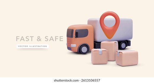 Delivery Truck With Map Pin And Boxes In 3D Style Representing Safe Shipping, Fast Logistics, And Efficient Courier Service For Ecommerce And Online Orders. Clean Vector Illustration.