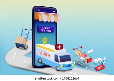 Delivery Truck  With Medicine And  Box  For Online Pharmacy	