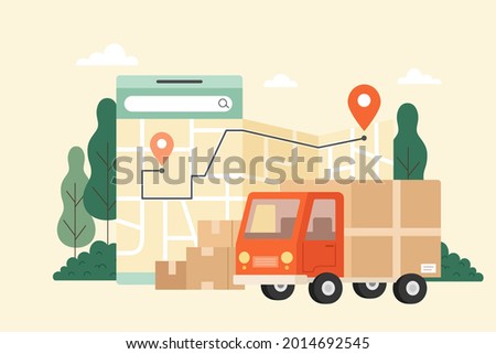 Delivery truck and mobile phone with map on city background. Fast express service with GPS guide, flat illustration.