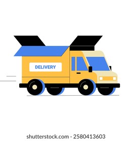 Delivery Truck in Motion in Flat Vector Illustration Symbolizing Fast Logistics, E Commerce Shipping, and Cargo Transportation, Isolated on White Background