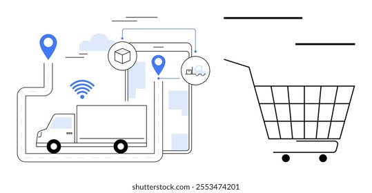 A delivery truck moves on a route with GPS markers while a shopping cart is present. Ideal for e-commerce, logistics, delivery services, GPS tracking, online shopping themes. Simplistic modern style