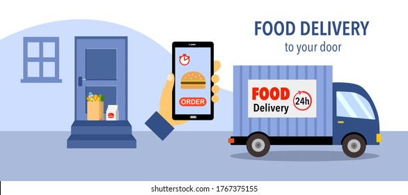 Delivery truck moving after placing products at customer house door. Online food order and food delivery service concept. Grab food, fast food design for landing page, web, mobile app.