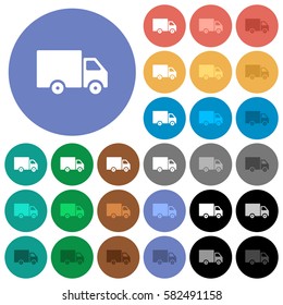 Delivery truck multi colored flat icons on round backgrounds. Included white, light and dark icon variations for hover and active status effects, and bonus shades on black backgounds.