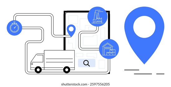 Delivery truck navigating using GPS on mobile device, with icons for routes, stopwatch, factory, warehouse, and a big location pin. Ideal for logistics, transportation, navigation, tracking
