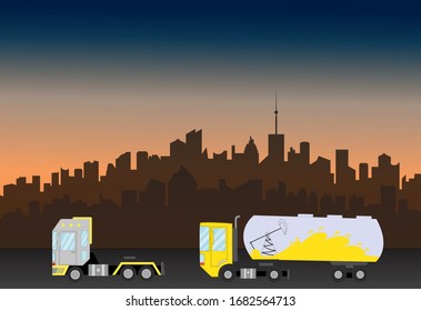 Delivery truck on the city background. Transportation for shipping and freight goods. Vector Illustration.