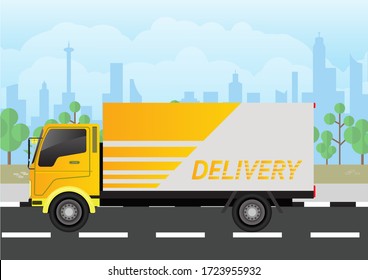 Delivery truck on highway. Flat design