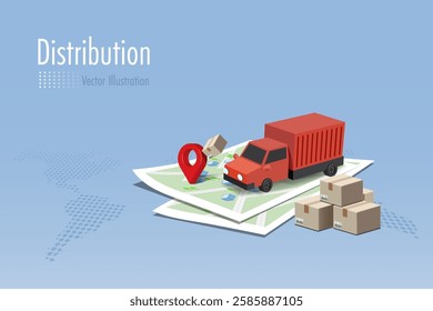 Delivery truck on map pin with shipment carton boxes. Online shopping, delivery and worldwide logistics technology, distribution shipment. 3D vector.