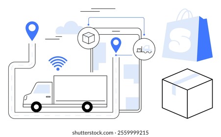 Delivery truck on a route with boxes and tracking marks. Ideal for logistics, shipping, e-commerce, delivery services, online shopping, supply chain management. Simplistic vector style with blue