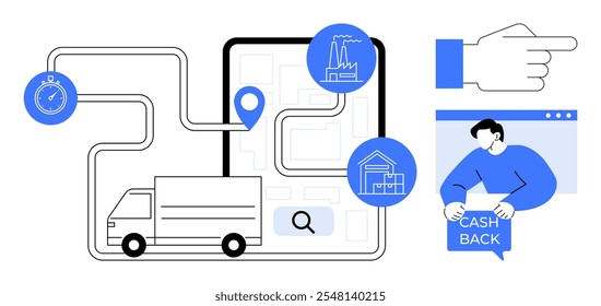Camión de entrega en el mapa de ruta, GPS localiza fábricas y hogares, cronómetro indica el seguimiento de tiempo, pulgar apunta a la derecha, el hombre sostiene el Iniciar sesión de devolución de dinero en efectivo un estilo de Vector simple. Ideal para logística, entrega