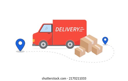 Delivery truck. Online order tracking. Point markers delivery. Concept of moved location with pin. Vector illustration.