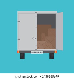 Delivery truck with opened door and boxes inside. 
