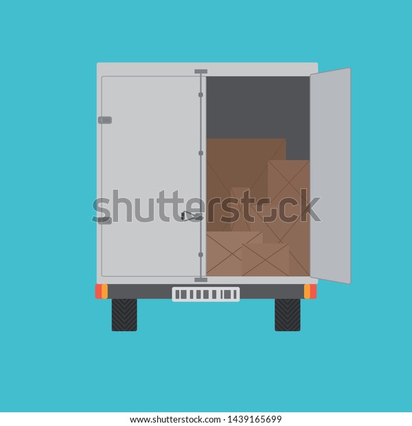 Delivery truck\
with opened door and boxes inside.\
