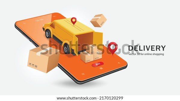 Delivery truck opens rear door to carry goods\
and parcels inside to deliver to customers based on the pins\
location and all object place on smartphone screen,vector 3d for\
delivery and online\
shopping