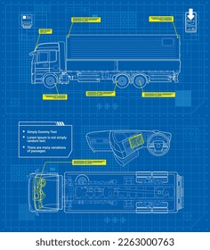 Delivery truck in outline style schematic blueprints Vehicle side top dashboard view Industrial image on a blue background Vector illustration