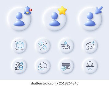 Delivery truck, Package size and Sleep line icons. Placeholder with 3d cursor, bell, star. Pack of Payment methods, Cleaning, Face recognition icon. Chat message, Squad pictogram. Vector