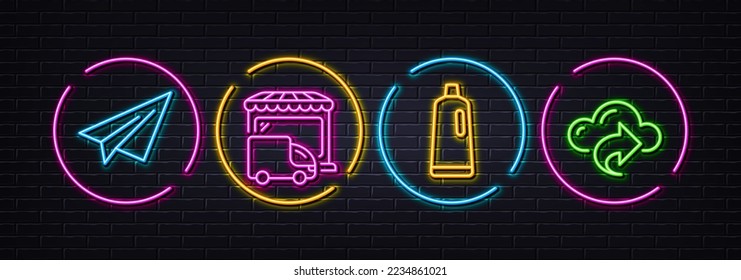 Delivery truck, Paper plane and Shampoo minimal line icons. Neon laser 3d lights. Cloud share icons. For web, application, printing. Store transport, Airplane, Bath cleanser. Data sharing. Vector