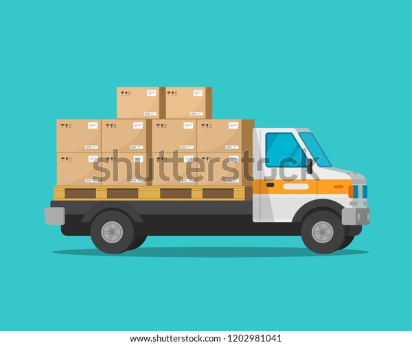 Delivery truck with parcel cargo boxes vector\
illustration, flat cartoon freight van or lorry automobile with\
packages isolated