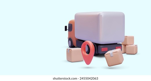 Delivery truck, parcels and pointer in 3d realistic style isolated on light background. Vector illustration