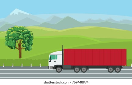 Delivery truck passing by beautiful landscape on the road.