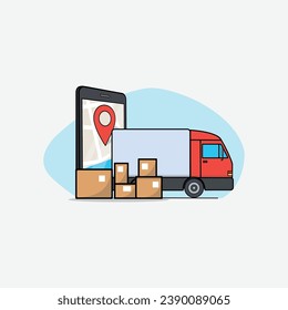 Delivery Truck with Pile of Boxes and a Phone Tracking Order Delivery Vector Illustration