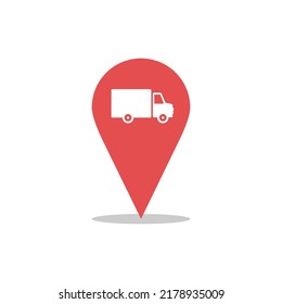 Icono de ubicación del pin del camión de entrega. Ilustración de seguimiento de posición de envío. Diseño simple de símbolo vector de contorno. Se puede usar para aplicaciones, sitios web, recursos de negocios y transporte.