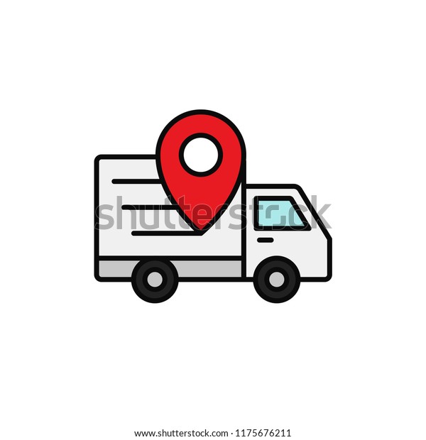 delivery truck pin\
location icon. shipment position tracking illustration. simple\
outline vector symbol\
design.