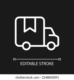 Delivery truck pixel perfect white linear ui icon for dark theme. Transporting goods, products. Vector line pictogram. Isolated user interface symbol for night mode. Editable stroke. Arial font used
