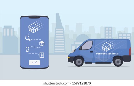 delivery truck process or step on smartphone track with city and truck van as background