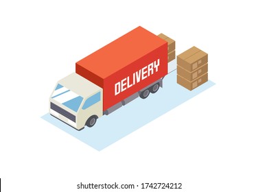 delivery truck red carry on top view isometric