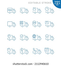 Delivery truck related icons. Editable stroke. Thin vector icon set