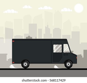 Delivery truck of delivery rides at high speed. City skyscrapers, clouds and sun on the background. Flat vector illustration.