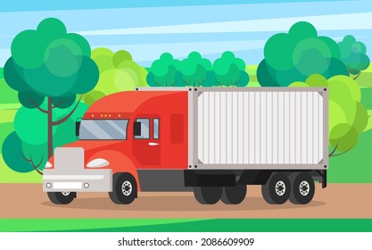 Delivery truck rides on road against background of autumn trees. Wagon with trailer for transporting goods worldwide. Vehicle for transportation and shipping. Delivery of parcels by transport