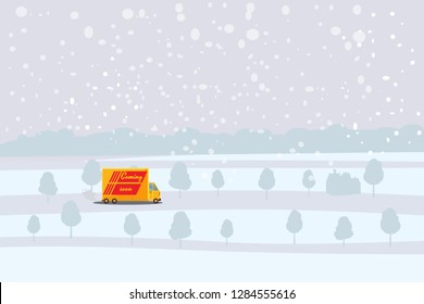 Delivery truck rides on the snow-covered road, concept, fast and convenient delivery of cargo and parcels. Product goods shipping transport. Fast service truck, cartoon style, vector, isolated