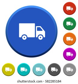 Delivery truck round color beveled buttons with smooth surfaces and flat white icons