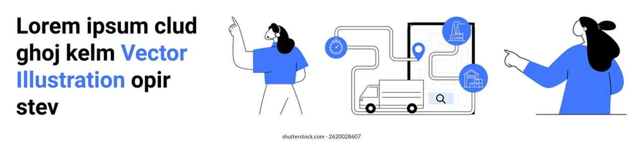 Delivery truck route on map with location pin, buildings, gears, and people pointing. Ideal for logistics, delivery services, route planning, supply chain management, transportation, customer