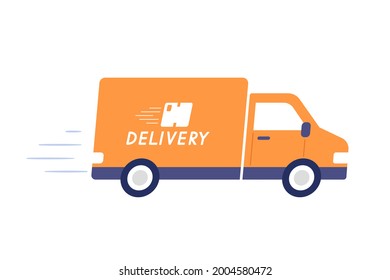 Delivery truck running fast to send parcel. Delivery car element. Concept of express delivery service, fast transportation, e-commerce, shipping. Flat vector illustration.