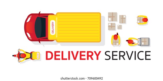 Delivery Truck Scooter Motorcycle Service, Top or Above View with Staff Carrying Parcel or Box