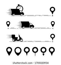 Delivery truck scooter and scooter. Set of gps tags. Set of line icons. Vector illustration for apps and websites