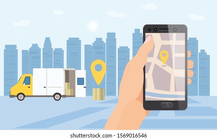 Delivery truck service. Hand hold smartphone application for parcel shipment tracking map. 24 7 delivery van. Vector illustration logistics poster for advertising design template