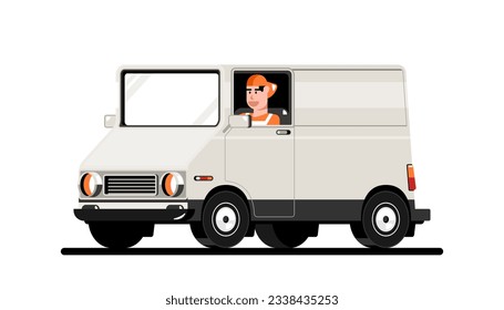 Delivery truck service with human driving on isolated background, Vector illustration.