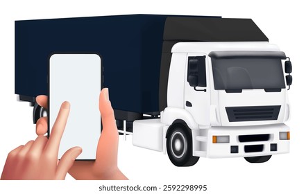 Delivery Truck Service, Order Worldwide Shipping, Fast and Free Transport, food express, Shopping online just push with hand on smartphone