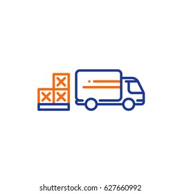 Delivery truck services, pallet boxes transportation, shipping and relocation, logistics company, mono line vector icons