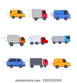 delivery truck set cartoon. shipping transport, cargo distribution, parcel fleet delivery truck sign. isolated symbol vector illustration