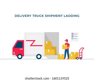Delivery truck shipment loading process vector flat illustration design. Open box delivery truck full of package with courier man bring the shipment.