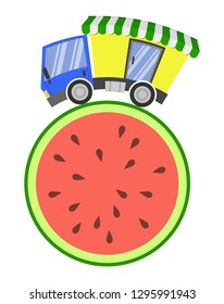 Delivery truck with shop and melon, concept fast trade