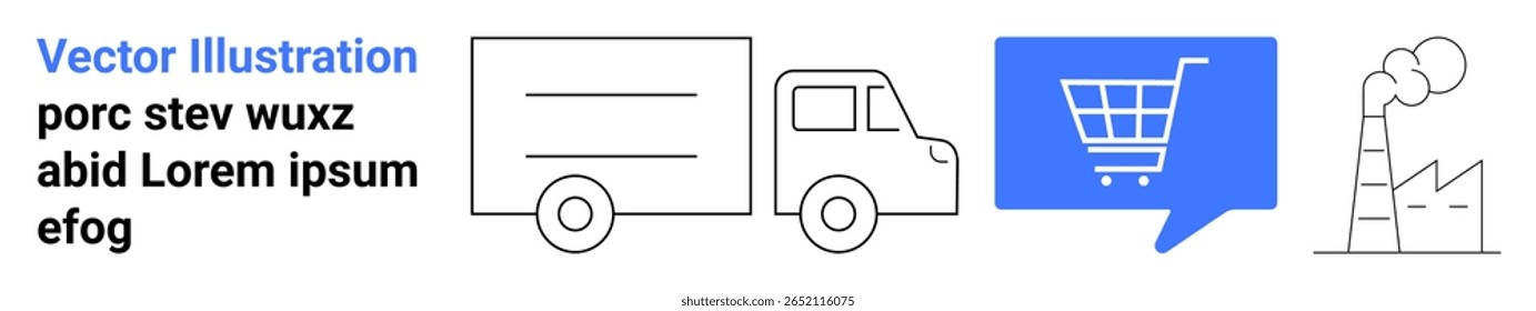 Caminhão de entrega, carrinho de compras na bolha de fala azul, e fábrica com emissões de fumaça. Ideal para comércio eletrônico, logística, fabricação, negócios, varejo, serviços de entrega, operações industriais