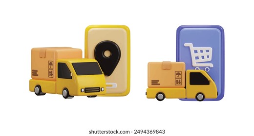 Delivery truck with shopping cart icon on delivery location icon 3d rendering vector illustration